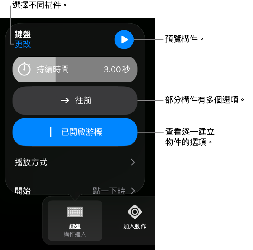 構件選項包含「持續時間」、「播放方式」和「開始時間」。點一下「更改」來選擇不同構件,或點一下「預覽」來預覽構件。