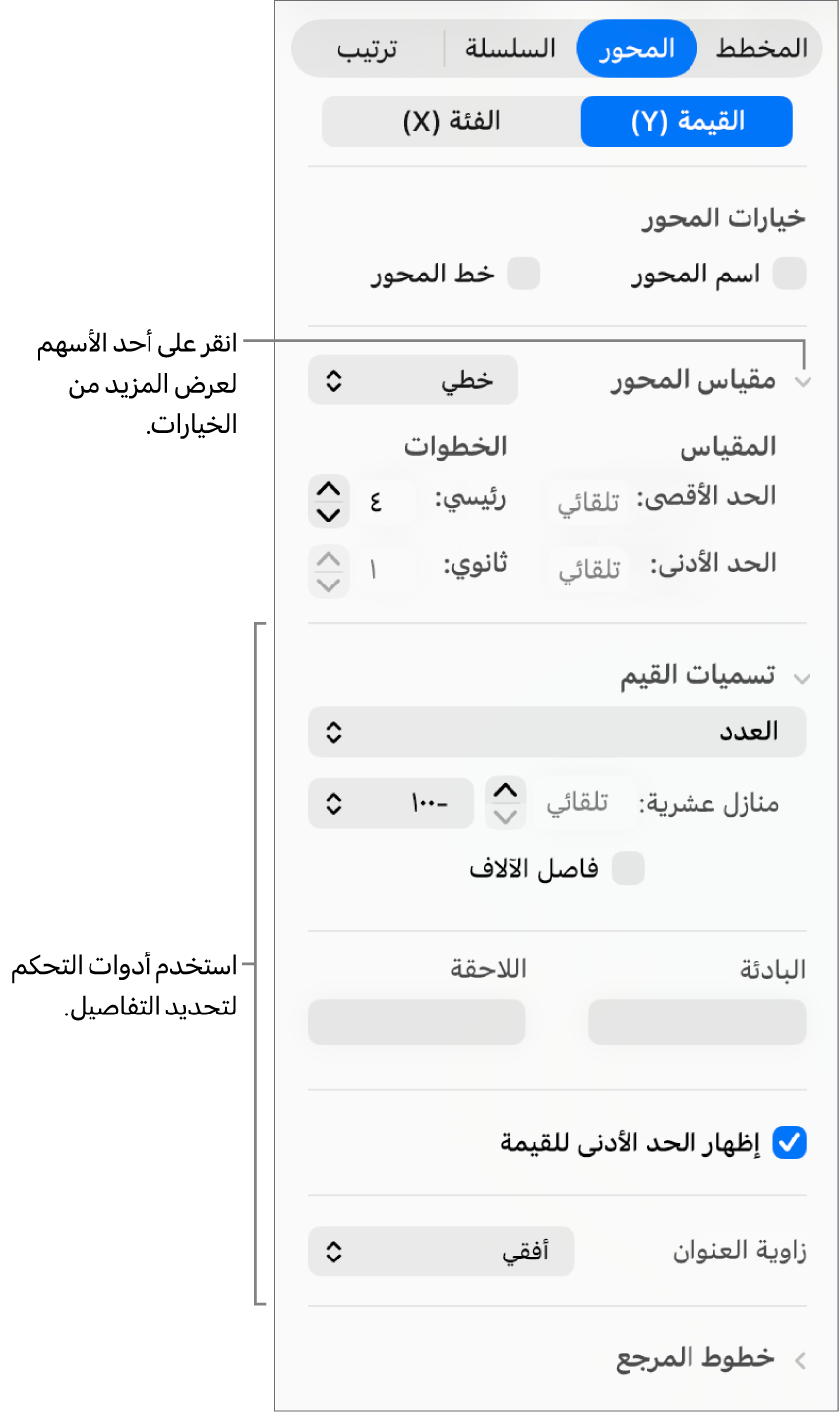 عناصر تحكم لتنسيق علامات محاور المخطط.