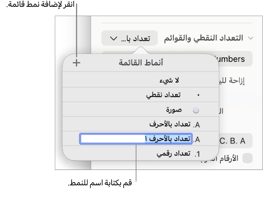 القائمة المنبثقة أنماط القائمة بها زر إضافة في الزاوية العلوية اليسرى واسم نمط عنصر نائب نصه محدد.