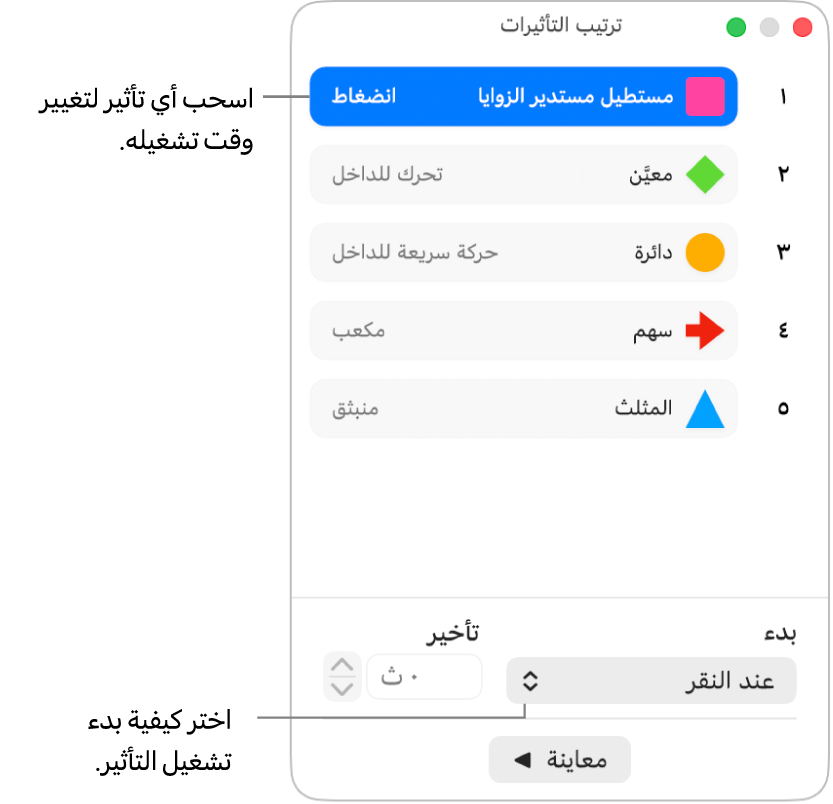 نافذة ترتيب التأثيرات.