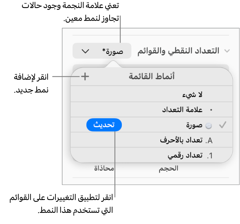 القائمة المنبثقة أنماط القائمة تعرض علامة نجمية تشير إلى تجاوز ووسائل شرح لزر نمط جديد وقائمة فرعية بخيارات لإدارة الأنماط.