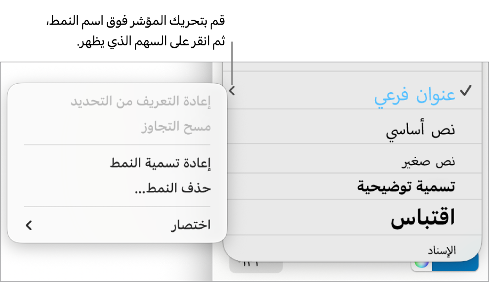 قائمة أنماط الفقرة مع قائمة الاختصارات مفتوحة.