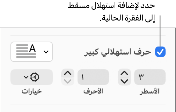 خانة اختيار الحرف الاستهلالي الكبير محددة، وتظهر قائمة منبثقة على يسارها؛ تظهر عناصر التحكم لإعداد ارتفاع السطر وعدد الأحرف والخيارات الأخرى أسفلها.