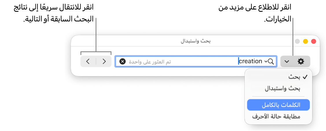 نافذة البحث والاستبدال بها قائمة منبثقة تعرض خيارات البحث، والبحث والاستبدال، والكلمات بالكامل، ومطابقة حالة الأحرف. تتيح لك الأسهم الموجودة على اليسار الانتقال إلى نتائج البحث السابقة أو التالية.
