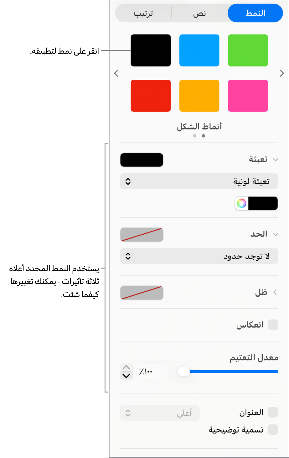 أنماط وخيارات الشكل في قسم التنسيق على الشريط الجانبي.