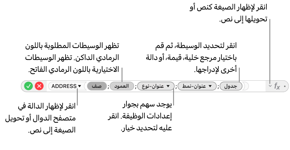 محرر الصيغ وتظهر به دالة ADDRESS ورموز الوسائط الخاصة بها.