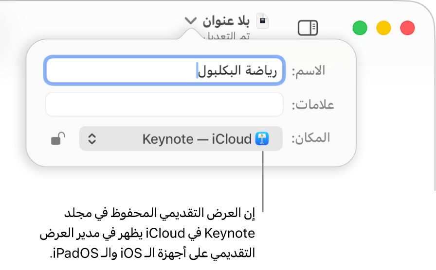 مربع الحوار "حفظ" لعرض تقديمي على Keynote—iCloud في القائمة المنبثقة "أين".