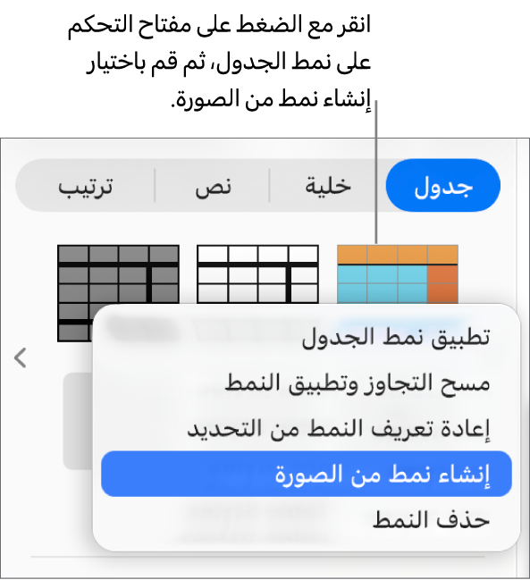 قائمة اختصارات نمط الجدول.