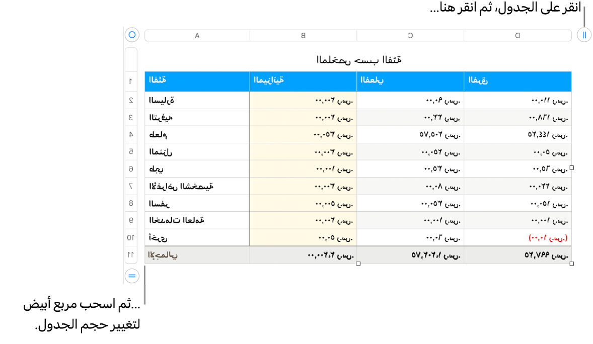 جدول محدد وبه مربعات بيضاء لتغيير الحجم.