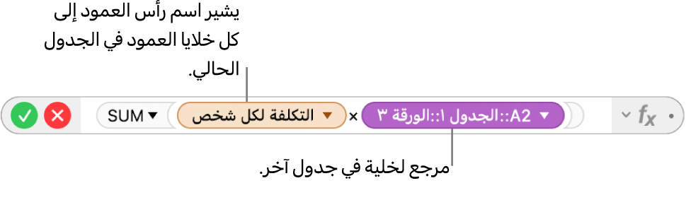 محرر الصيغ مع مثلث للنقر لفتح خيارات الحفاظ على مراجع الصفوف والأعمدة.