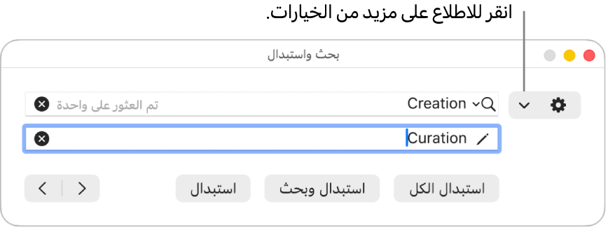 نافذة البحث والاستبدال مع وسيلة شرح للقائمة المنبثقة التي تعرض المزيد من الخيارات.
