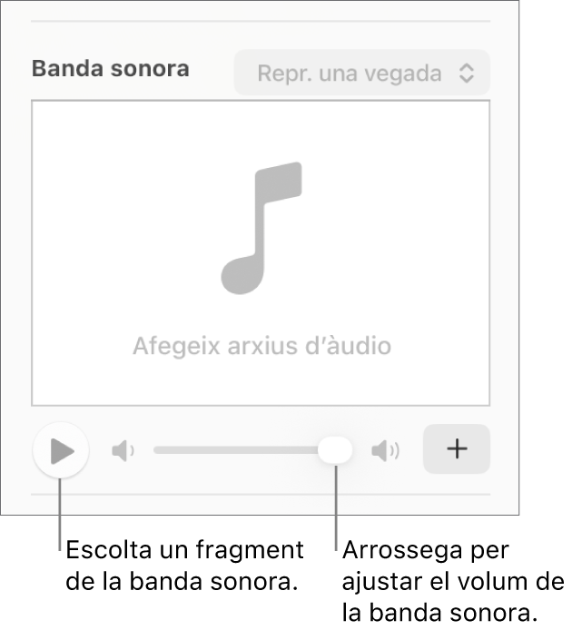 Els controls de “Banda sonora” amb el botó “Reprodueix” i el regulador de volum ressaltats.