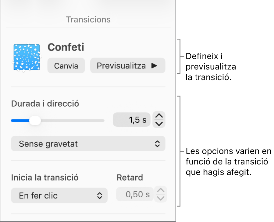Els controls Transició de la secció Transicions de la barra lateral.