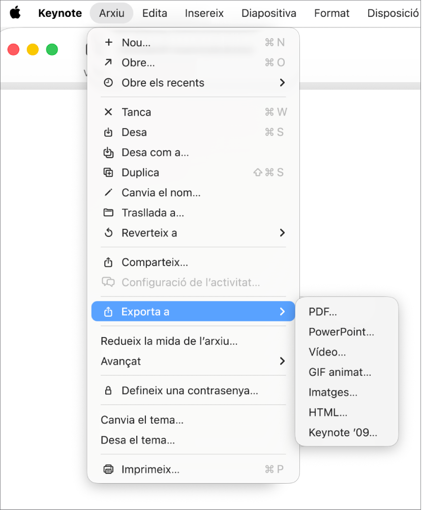Es mostra el menú “Arxiu”, amb “Exporta a” seleccionat i el submenú corresponent, que inclou opcions d’exportació com ara PDF, PowerPoint i pel·lícula.