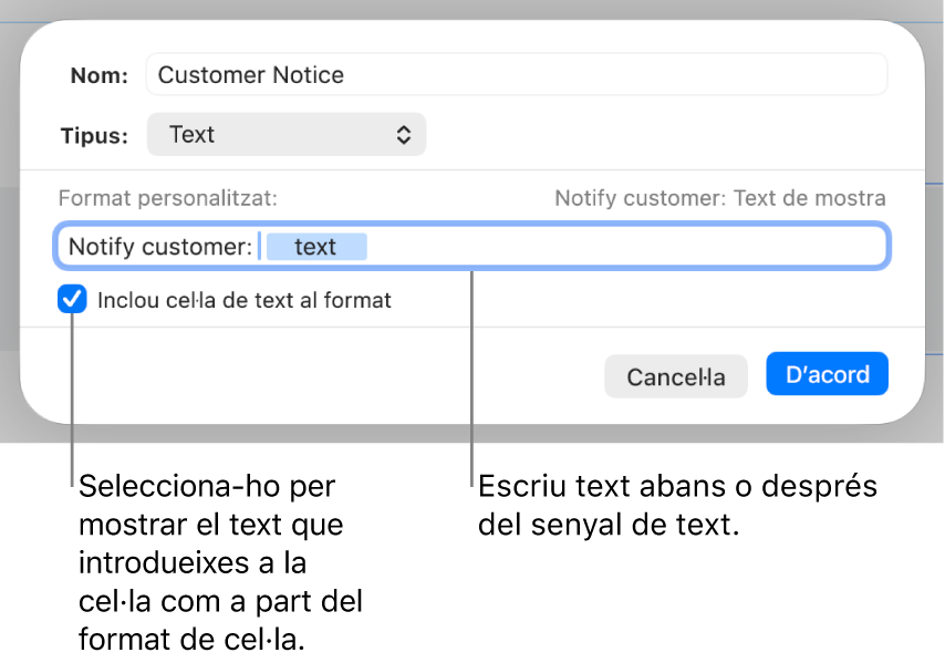 Format personalitzat de cel·la de text.