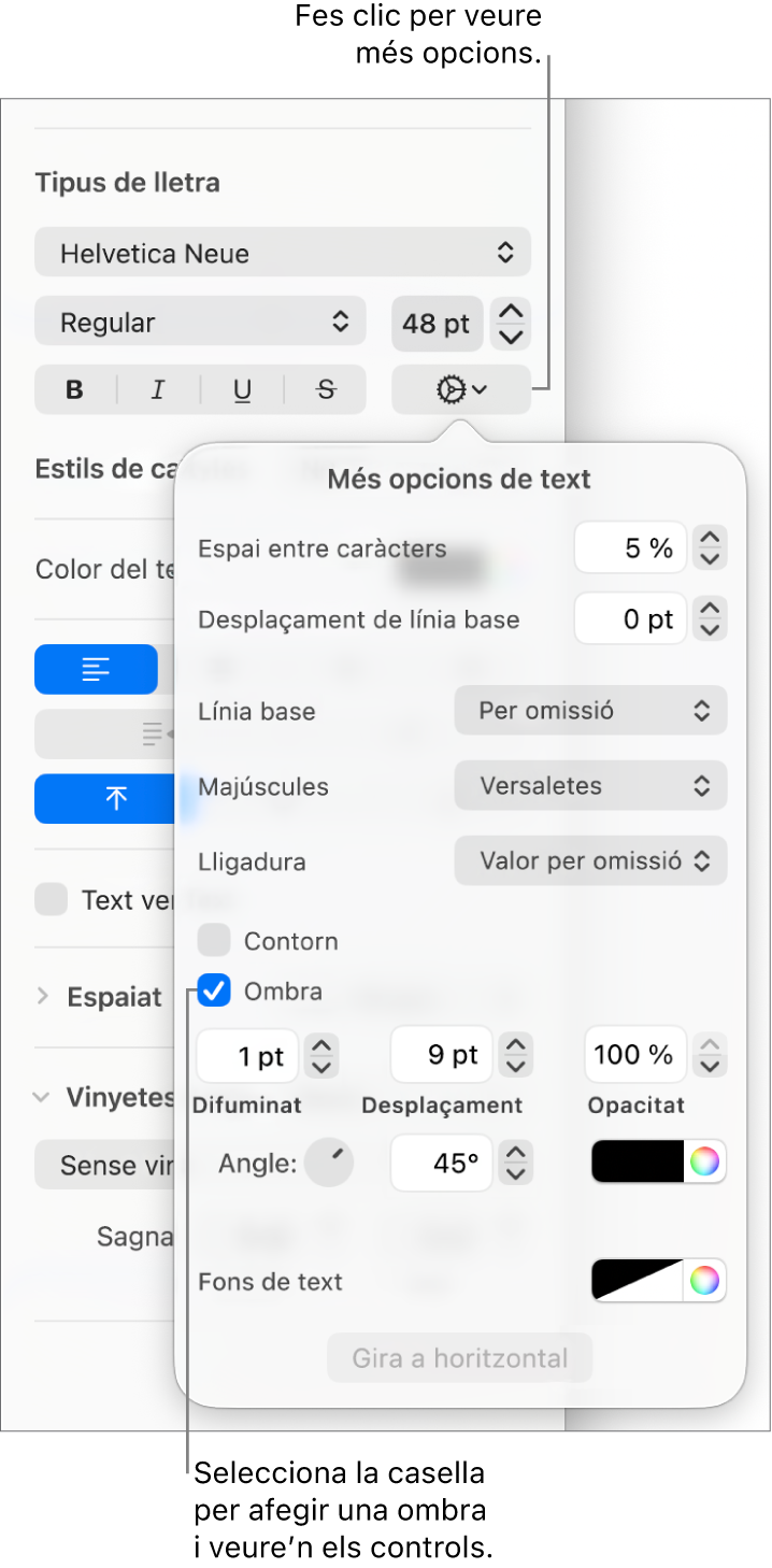 Menú “Opcions avançades” obert amb la casella Ombra marcada i controls per ajustar-ne el difuminat, el desplaçament, l’opacitat, l’angle i el color.