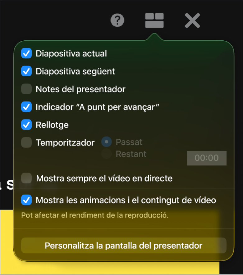 Opcions de visualització del presentador, incloent-hi la diapositiva actual, diapositiva següent, notes del presentador, indicador per avançar, rellotge i temporitzador. El temporitzador té opcions addicionals per mostrar el temps transcorregut o el temps restant.