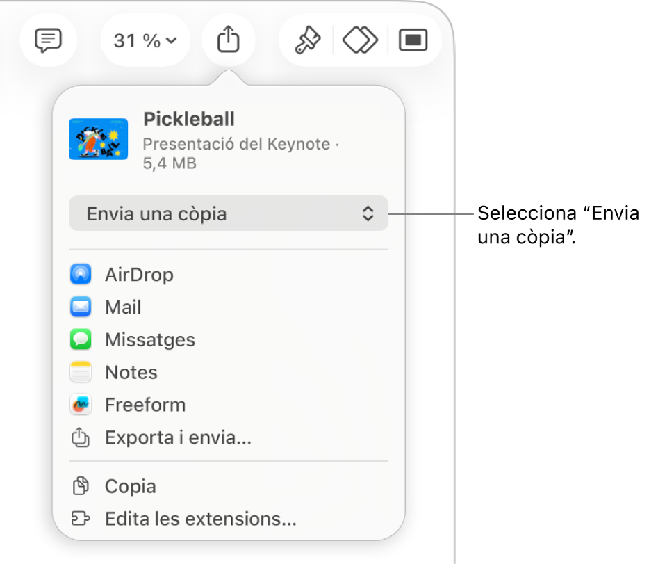 Menú “Comparteix” amb l’opció “Envia una còpia” seleccionada a la part superior.