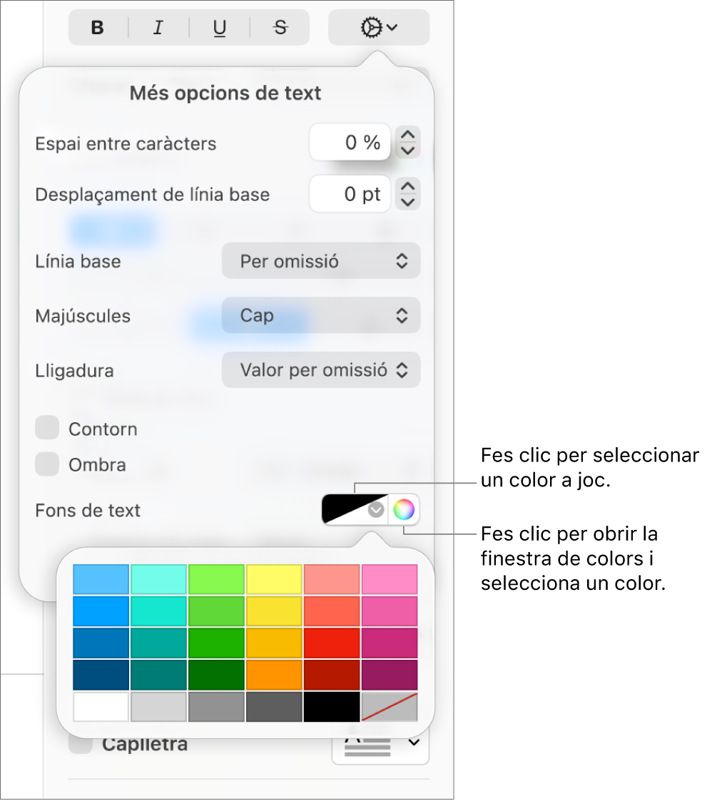 Controls per seleccionar un color de fons per al text.