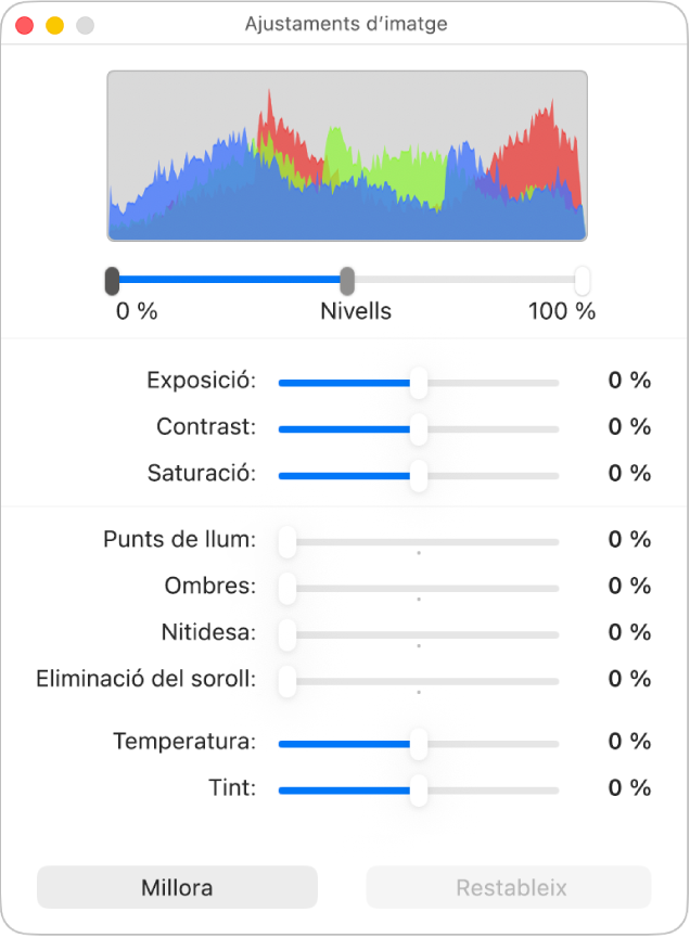 La finestra “Ajusta la imatge”, amb reguladors per definir l’exposició, el contrast, la saturació, els ressaltats, les ombres, la nitidesa, l’eliminació de soroll, la temperatura i el tint.