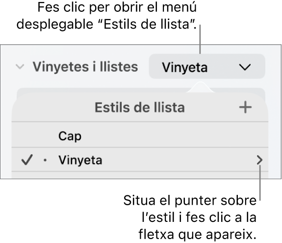 La finestra emergent “Estils de llista” amb un estil seleccionat i una fletxa a l’extrem dret.