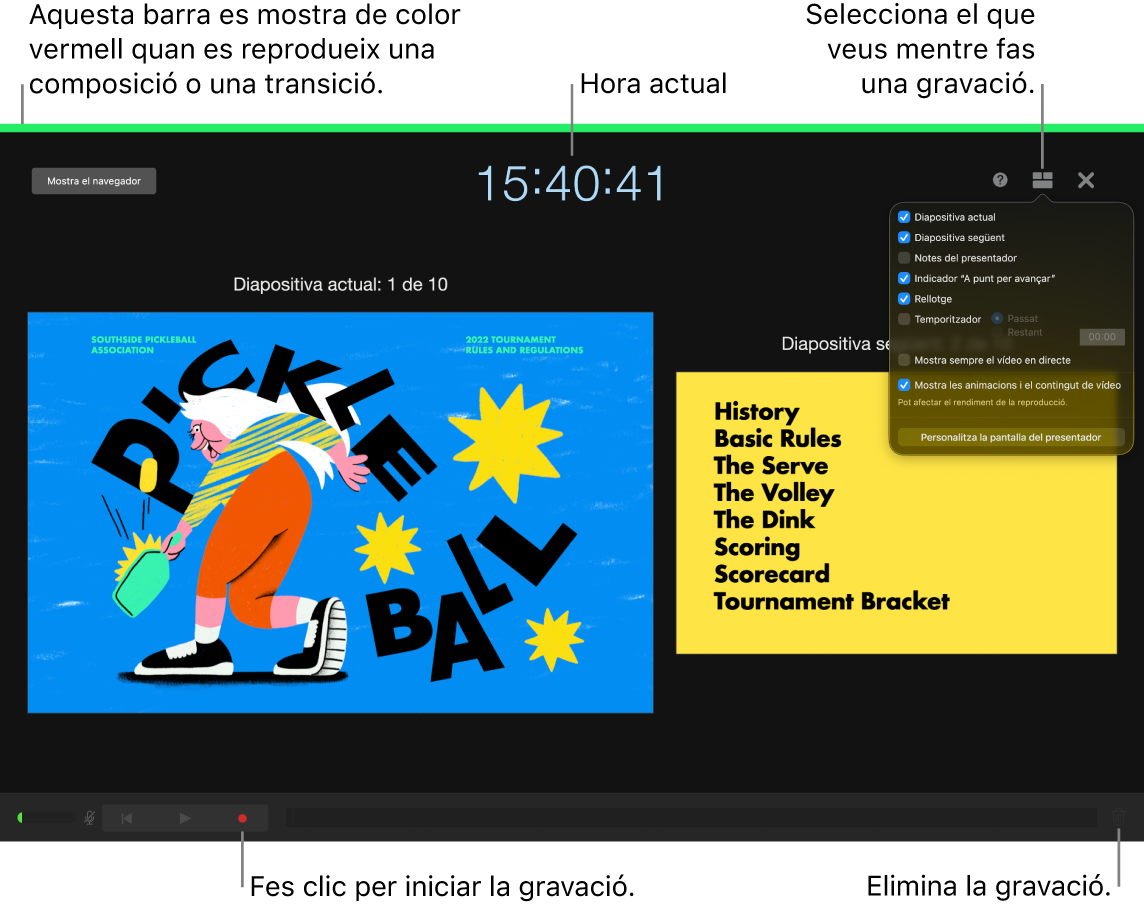 Captura de pantalla del mode de gravació de veu a la pantalla del presentador. Les diapositives actual i següent, l’hora actual i els controls de la pantalla del presentador són visibles. El control per iniciar i finalitzar la gravació i el control per eliminar la gravació es mostren a prop de la part inferior de la pantalla.