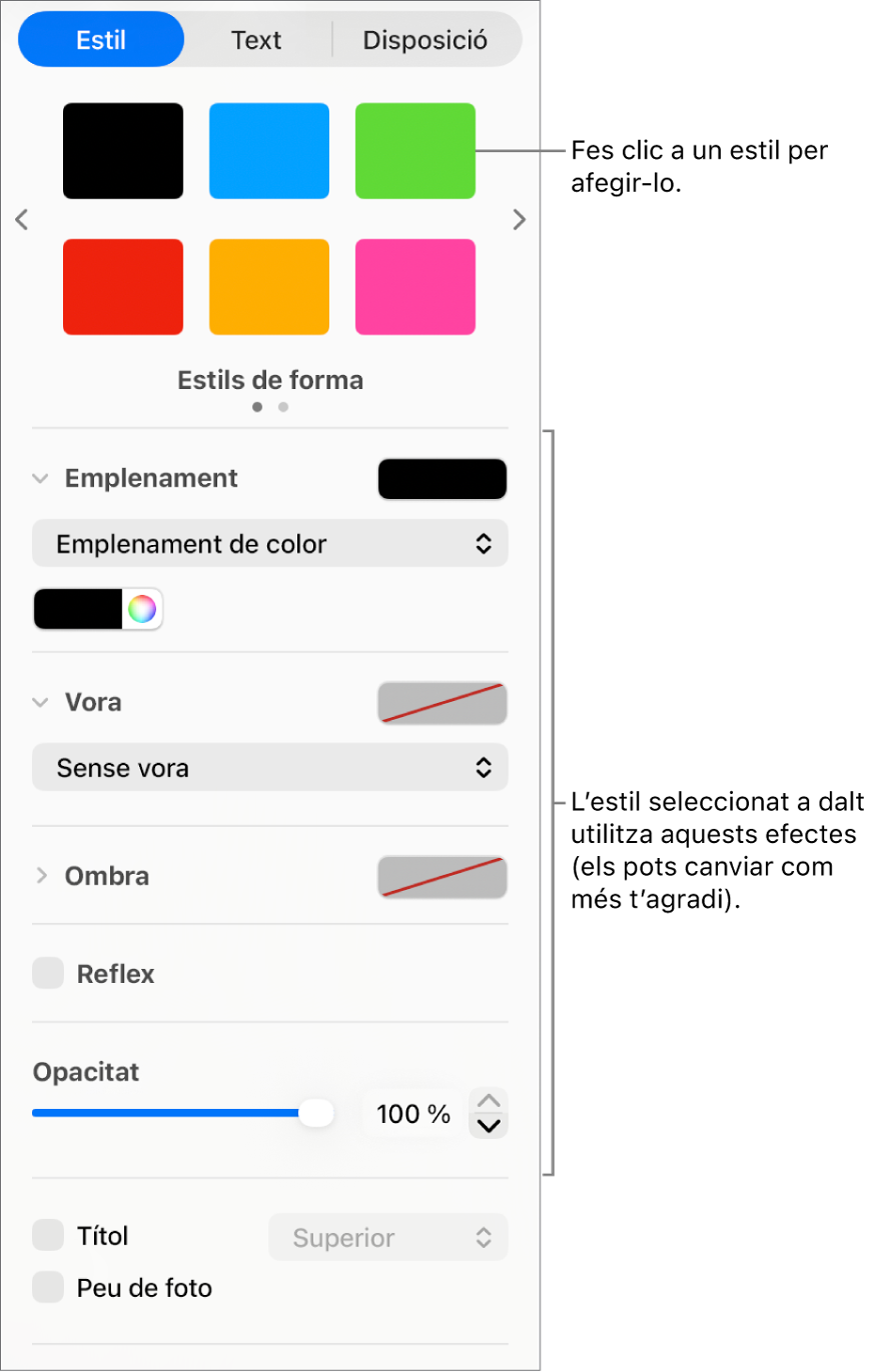 Estils i opcions per a les formes a la secció Format de la barra lateral.