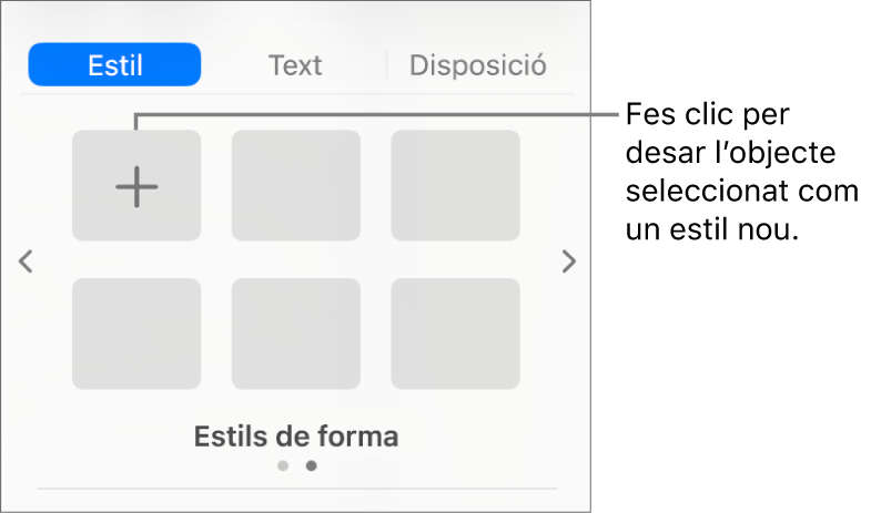 Pestanya “Estil” de la barra lateral “Format” amb un estil de quadre de text, un botó “Crea un estil” a la dreta i quatre marcadors de posició d’estil buits.