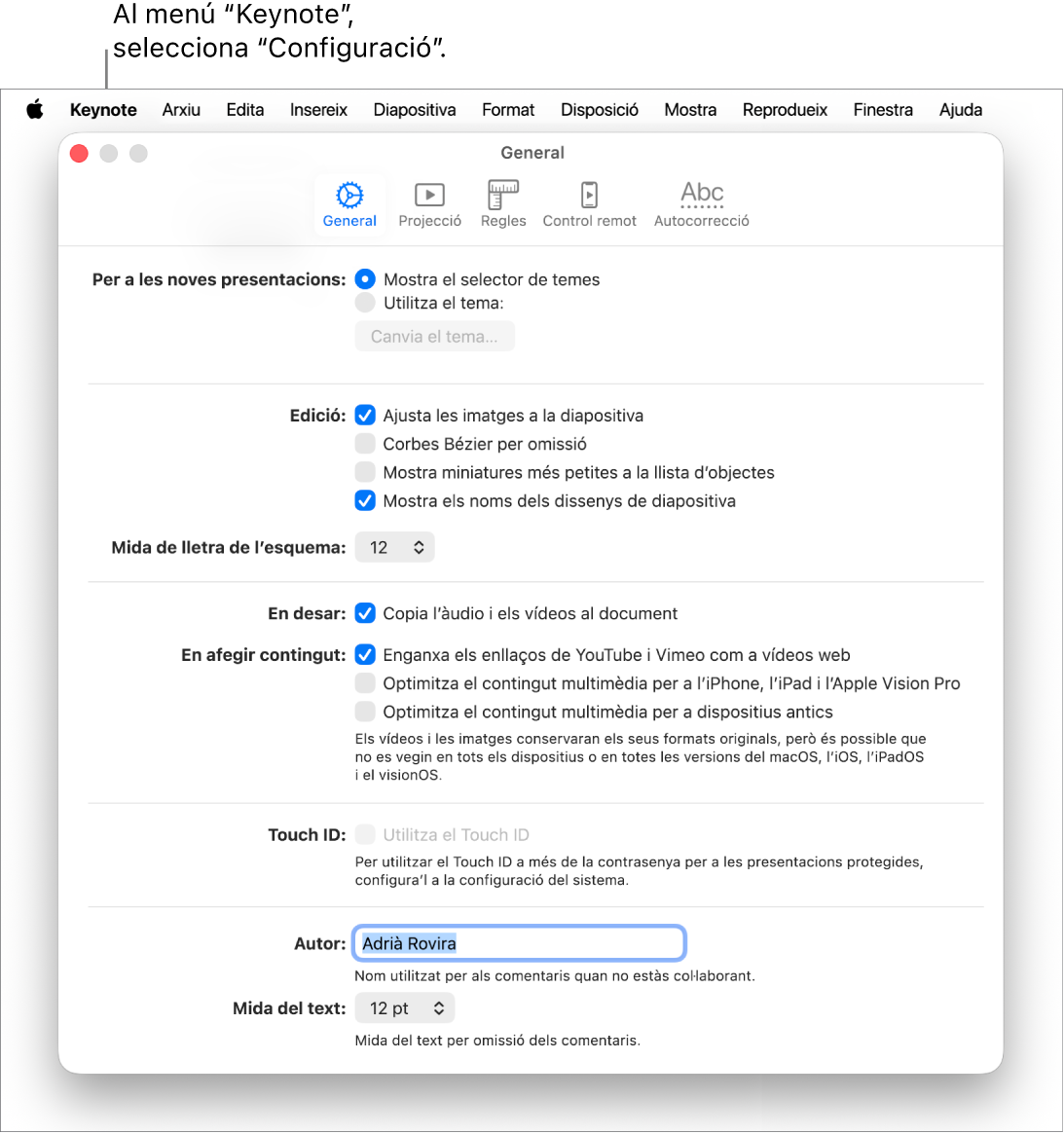 Finestra de la configuració del Keynote oberta amb el tauler General.