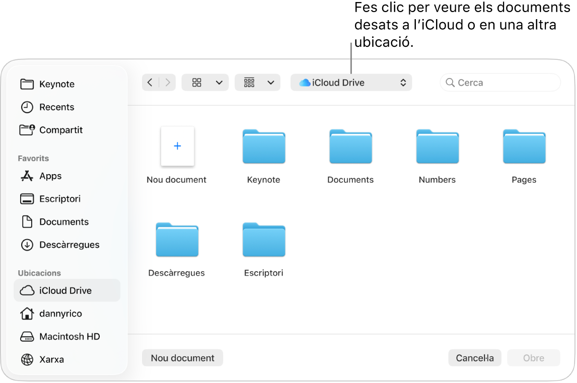 El quadre de diàleg “Obre”, amb la barra lateral oberta a l’esquerra i l’iCloud Drive seleccionat al menú desplegable de la part superior. Les carpetes del Keynote, el Numbers i el Pages apareixen al quadre de diàleg juntament amb el botó “Nou document”.