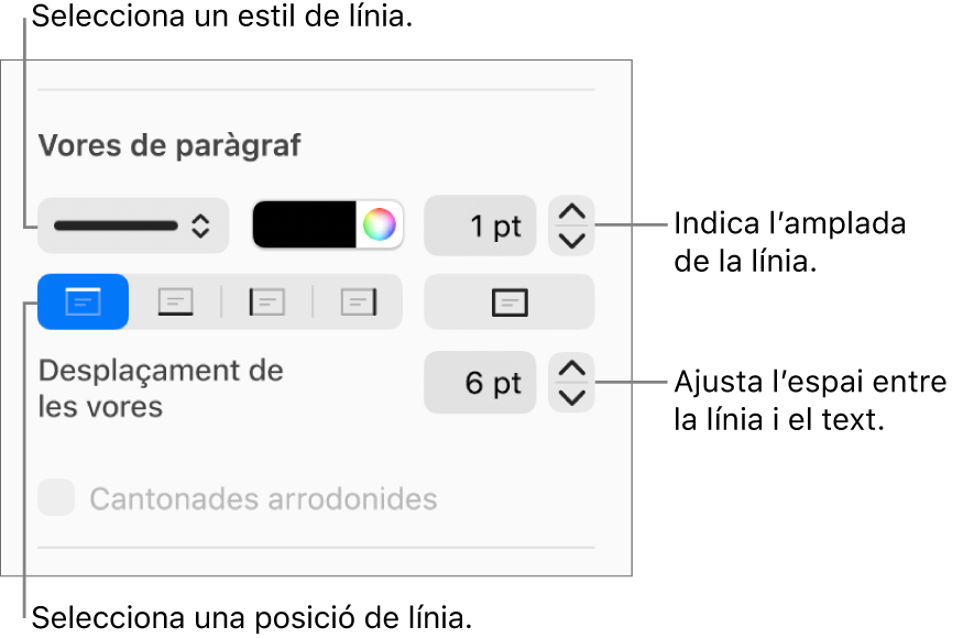 Controls per canviar l’estil, el gruix, la posició i el color de la línia.