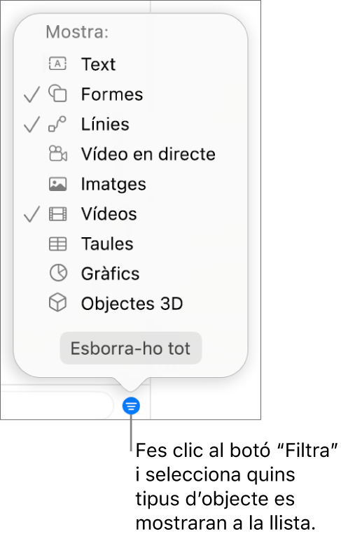 Menú desplegable Filtre obert, amb una llista dels tipus d’objecte que pot incloure la llista (text, formes, línies, imatges, vídeos, taules i gràfics).
