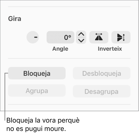Els controls d’objecte “Gira”, “Bloqueja” i “Agrupa” amb el botó “Bloqueja” ressaltat.