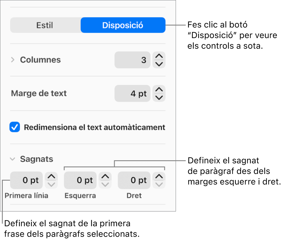 La secció Disposició de la barra lateral Format, amb controls per ajustar el sagnat de la primera línia i els marges de paràgraf.