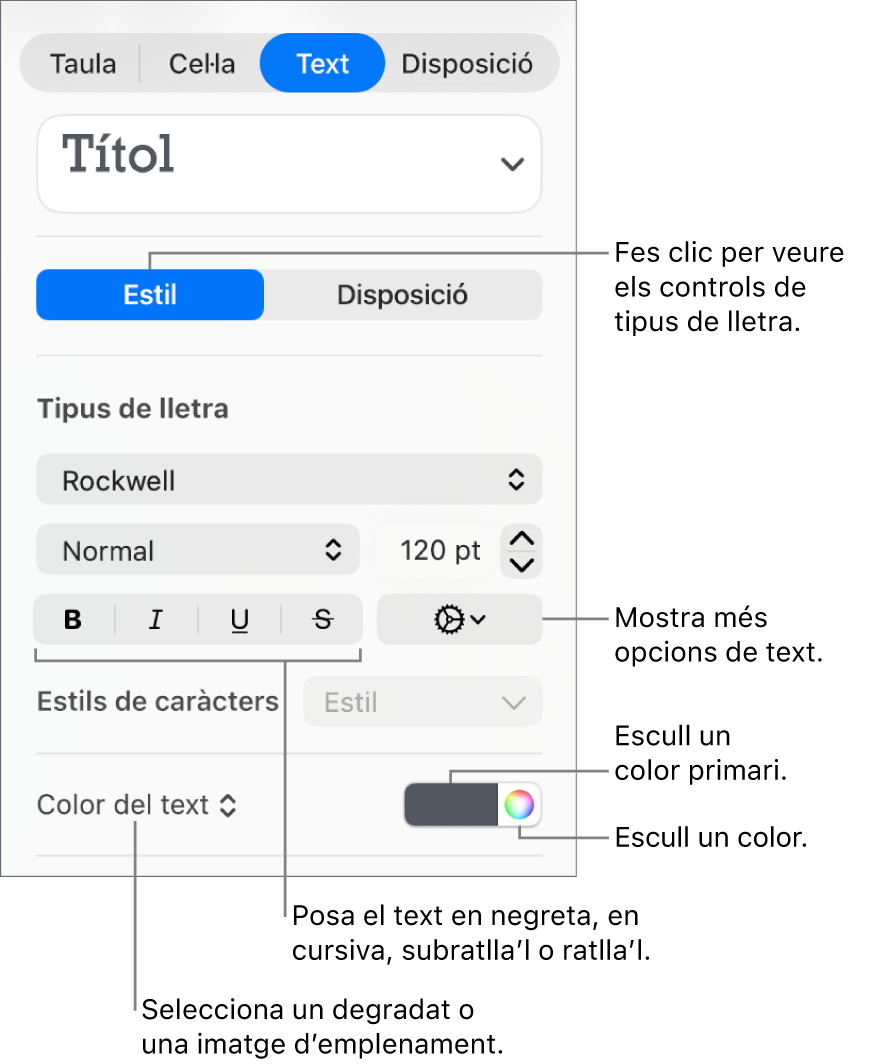 Els controls per aplicar un estil al text d’una taula.
