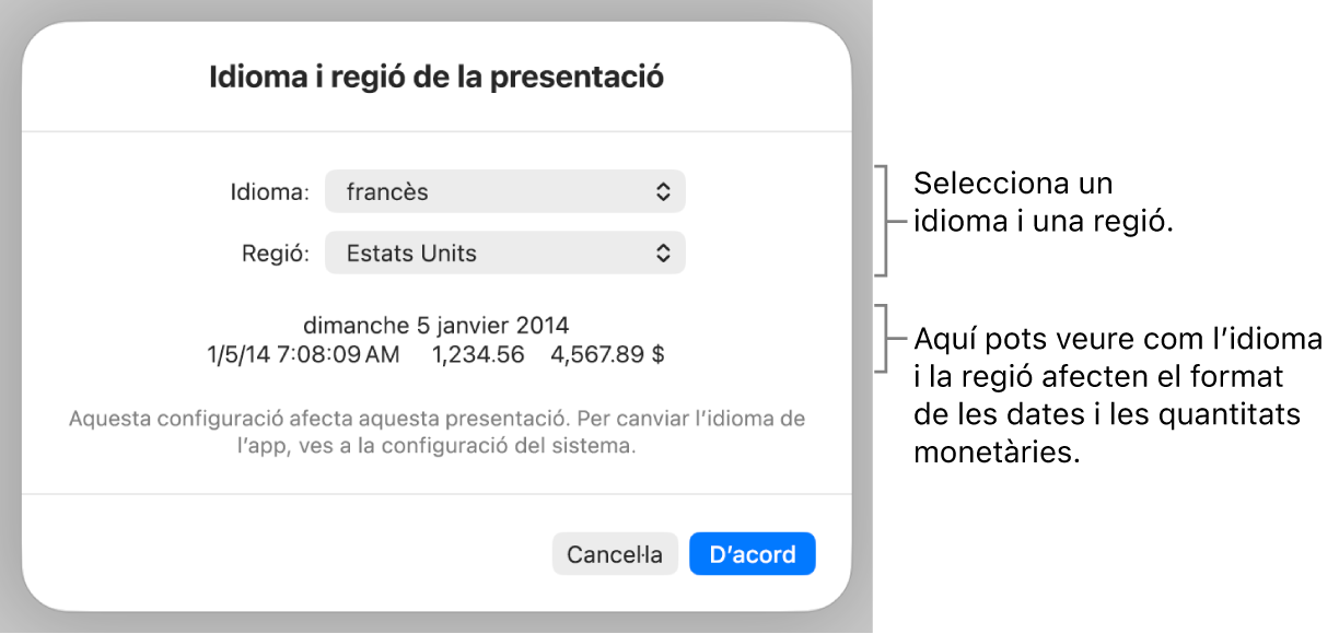 La configuració d’idioma i regió, amb controls per configurar l’idioma i la regió i un exemple de format que inclou la data, l’hora, els decimals i la moneda.