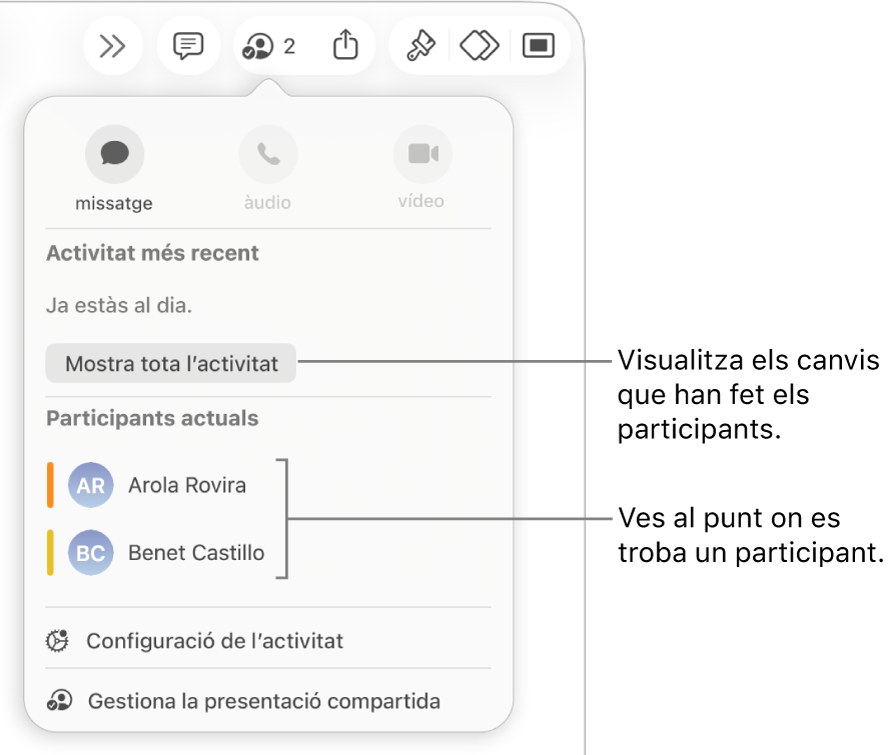 Menú de col·laboració amb una llista de dos participants actuals.