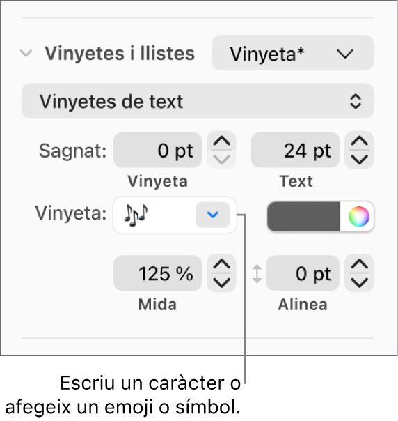 La secció “Vinyetes i llistes” de la barra lateral Format. El camp Vinyeta amb un emoji de flor.