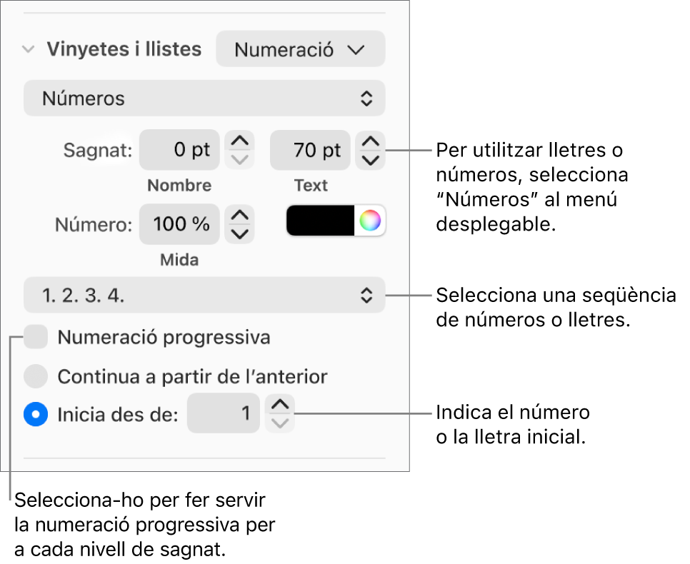 Controls per canviar l’estil dels números i l’espaiat d’una llista.