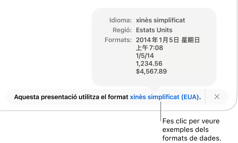 La notificació de la diferència de configuració d’idioma i regió, amb exemples del format d’aquell idioma i regió.