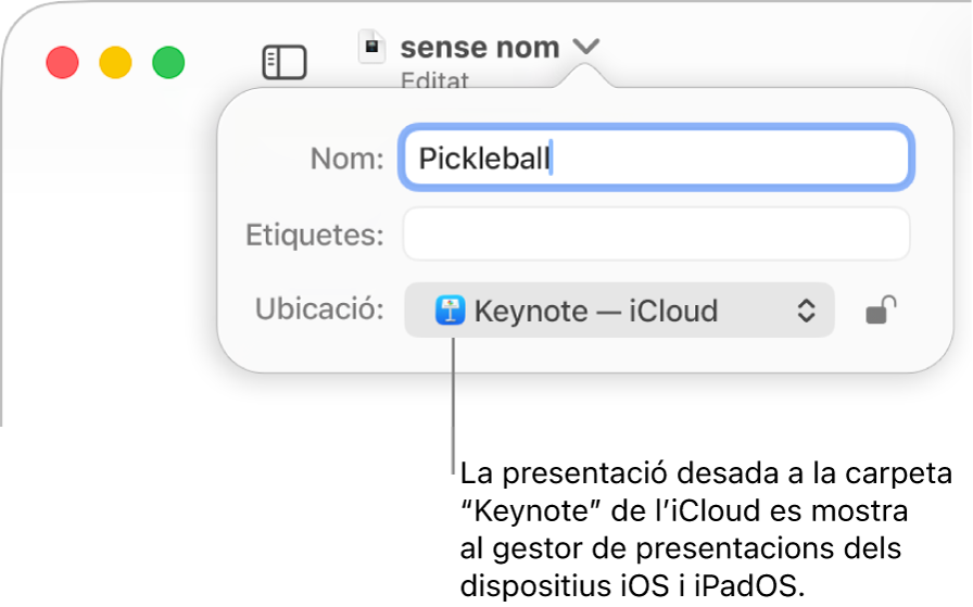 El quadre de diàleg “Desa” per a una presentació, amb “Keynote - iCloud” al menú desplegable “Ubicació”.