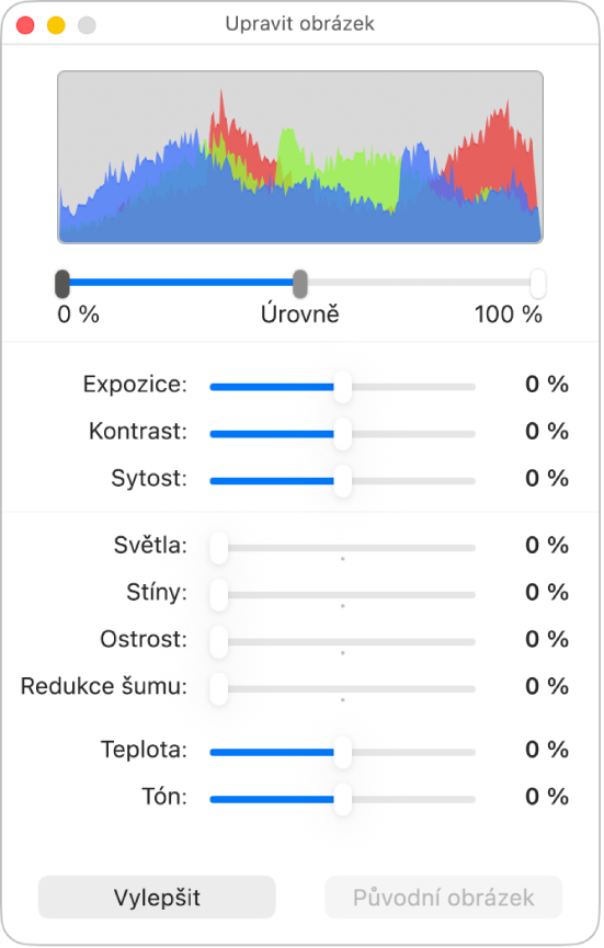 Okno Upravit obrázek s jezdci umožňujícími nastavit expozici, kontrast, sytost, světlá místa, stíny, ostrost, úroveň šumu, teplotu nebo tónování