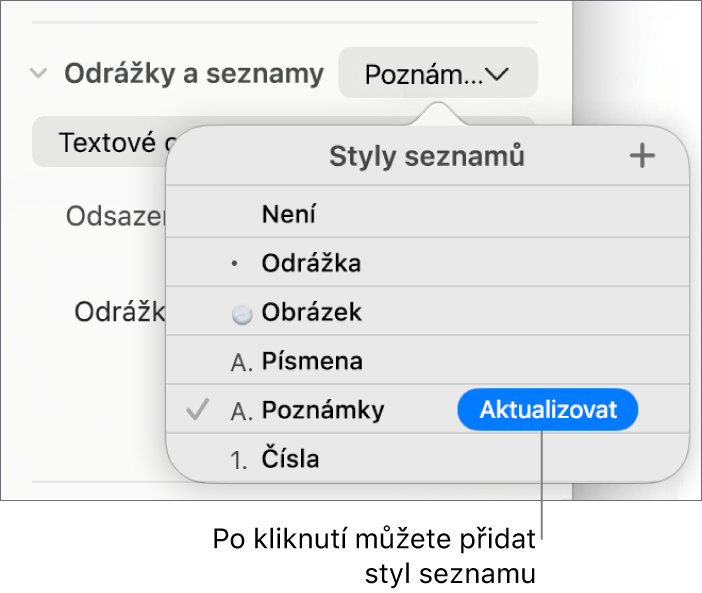 Místní nabídka Styly seznamů s tlačítkem Aktualizovat u názvu nového stylu