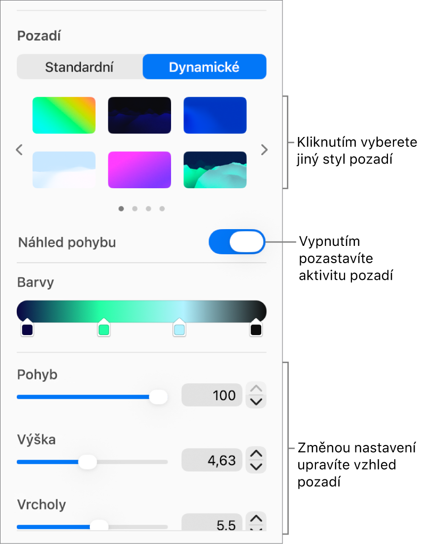 V oddílu Pozadí na bočním panelu Formát se zobrazenými dynamickými styly pozadí, ovládacím prvkem Náhled pohybu a ovládacími prvky vzhledu je vybráno tlačítko Dynamické