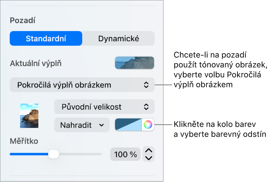 Ovládací prvky Pozadí s vyznačenou volbou Pokročilá výplň obrázkem která je nastavená jako pozadí snímku