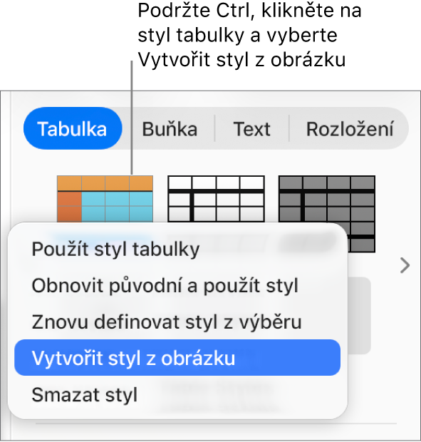 Nabídka zkratek pro styl tabulky