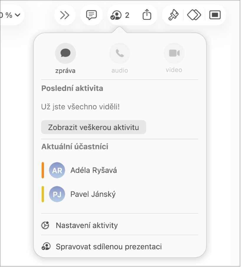 Nabídka spolupráce se zobrazenými jmény uživatelů, kteří na prezentaci spolupracují