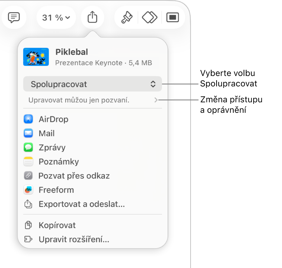 Nabídka sdílení, v níž je nahoře vidět vybraná volba Spolupracovat a pod ní volby pro nastavení přístupu a oprávnění