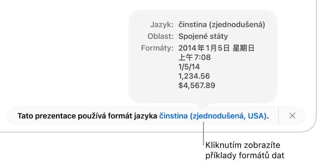 Upozornění na odlišné nastavení jazyka a oblasti s ukázkami formátování pro daný jazyk a oblast