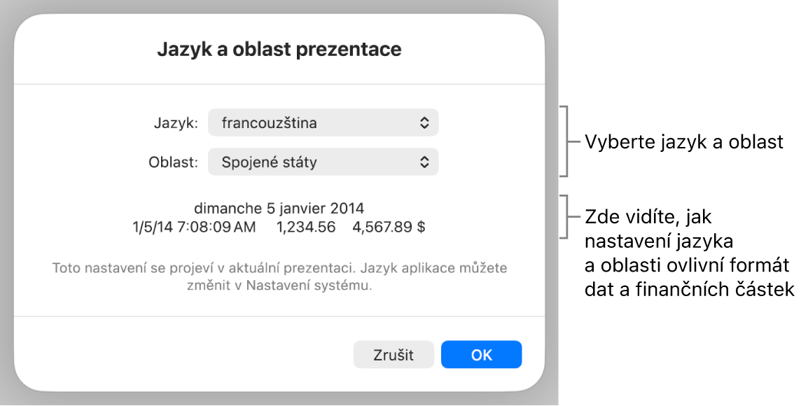 Panel Jazyk a oblast obsahující ovládací prvky pro jazyk a oblast a ukázku formátu, včetně data, času, desetinného oddělovače a měny.